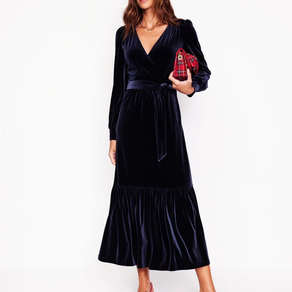 NWT Boden Navy Ophelia Velvet Midi Wrap Dress size 12